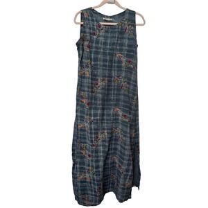 Caliente Blue Grey Rayon Floral Embroidered Grid Sleeveless Maxi Dress Medium